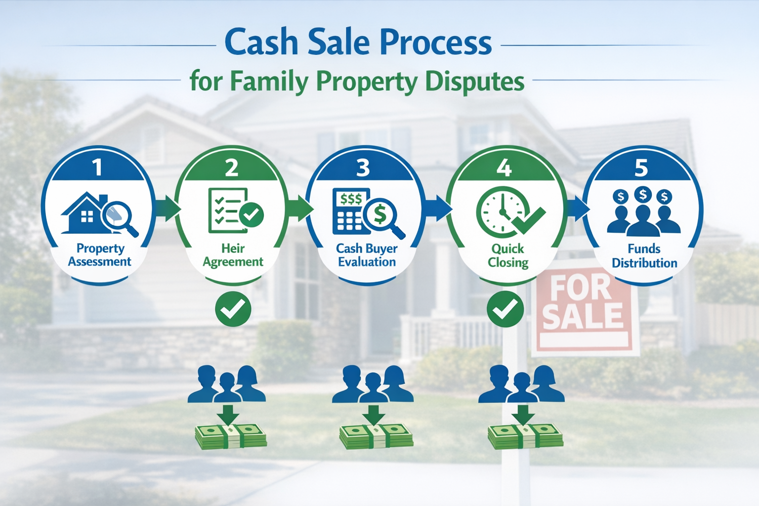 Landscape format (1536x1024) infographic-style image displaying step-by-step cash sale process for family property disputes. Visual flowchar
