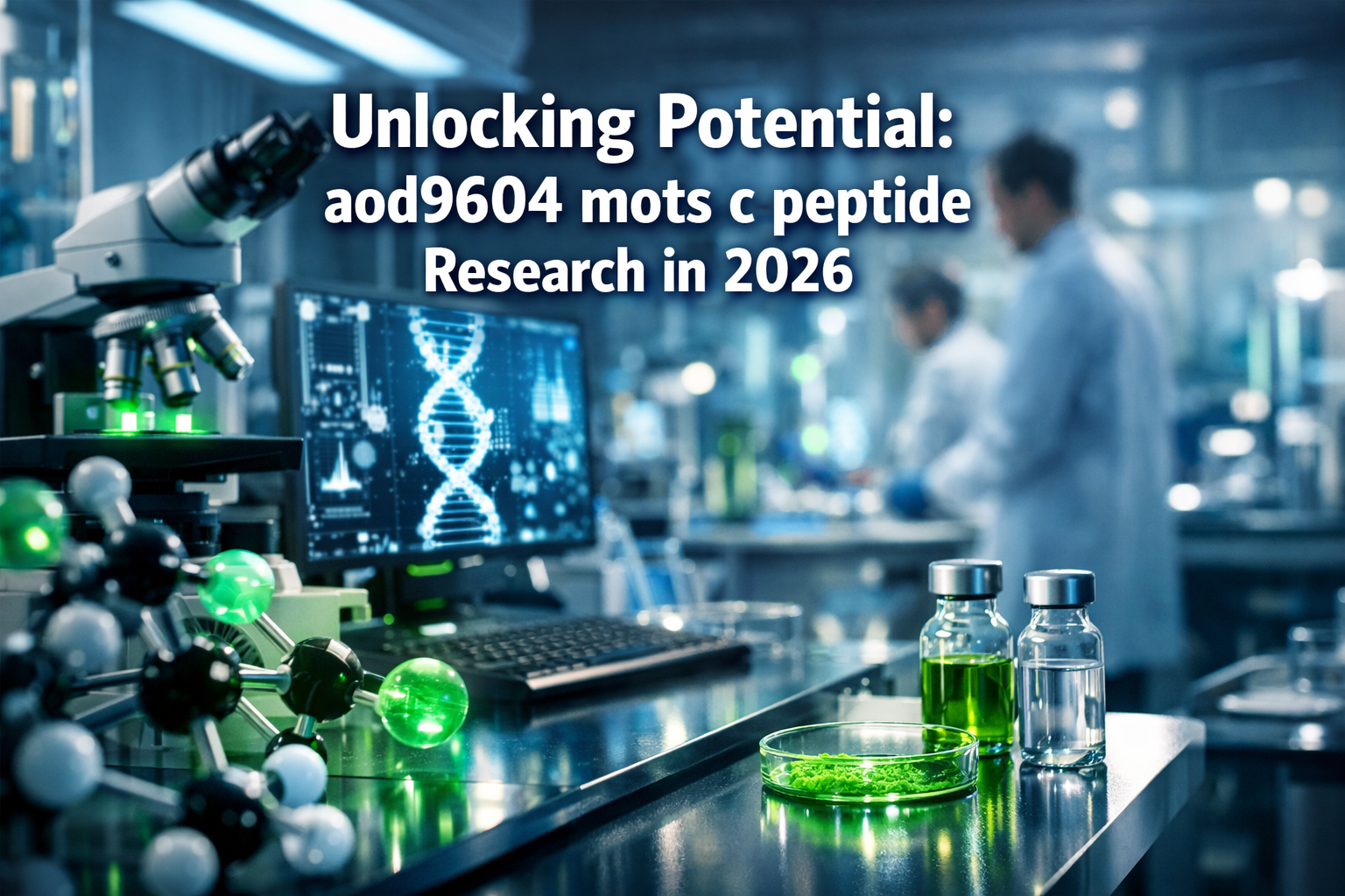 Professional landscape hero image (1536x1024) with bold text overlay: 'Unlocking Potential: aod9604 mots c peptide Research in 2026', modern