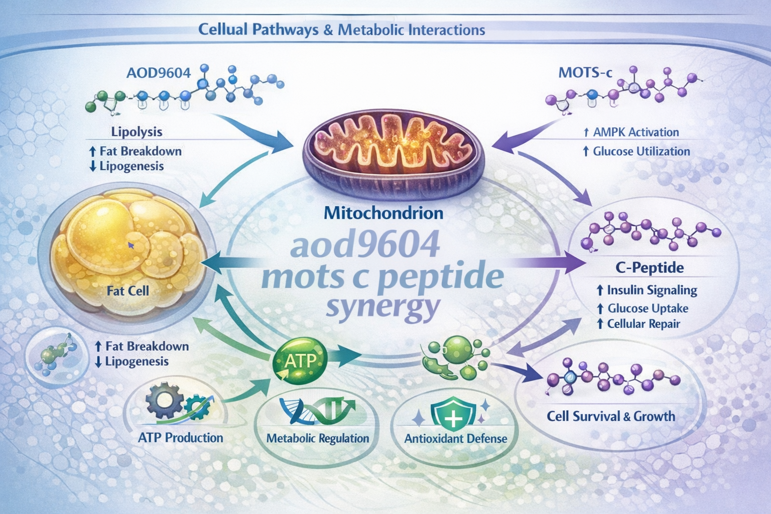 An intricate infographic illustrating the cellular pathways and metabolic interactions where aod9604, MOTS-c, and C-peptide are hypothesized