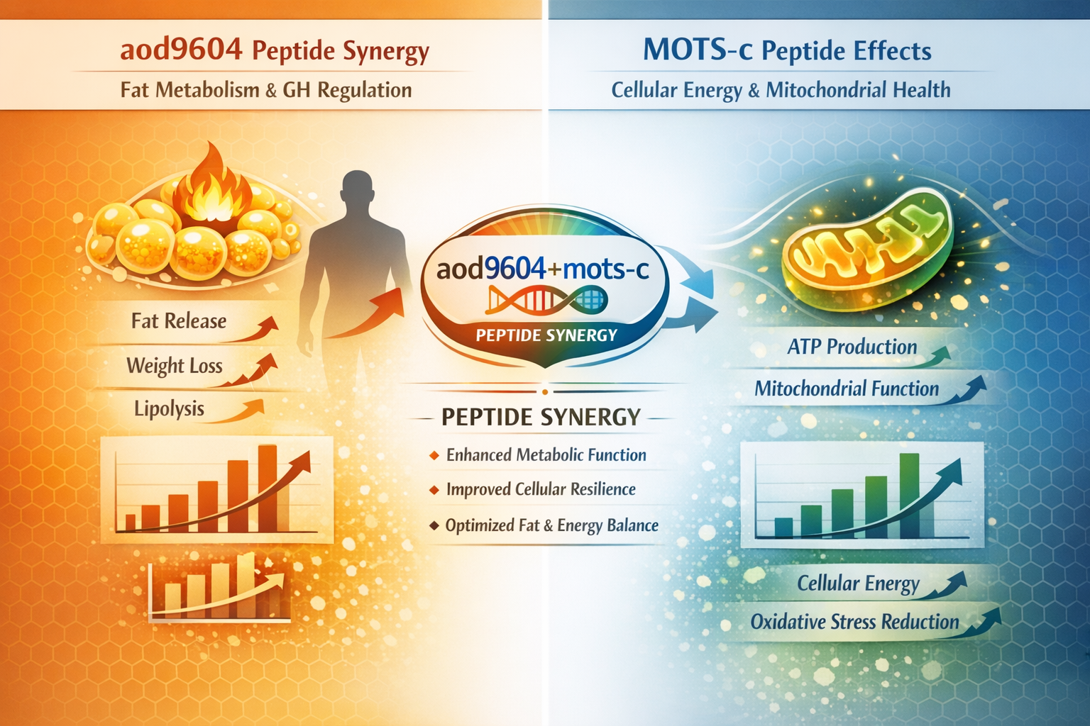 A split-screen visual or comparative chart demonstrating the comparative research findings and potential synergy between aod9604 and MOTS-c.