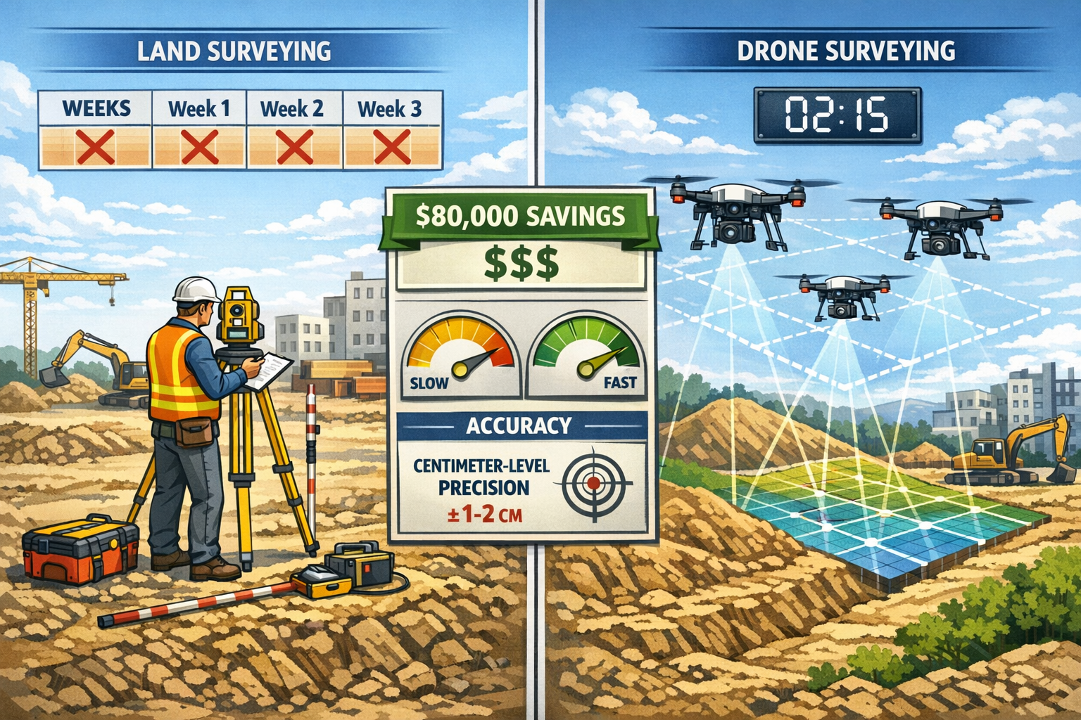 Landscape format (1536x1024) detailed illustration showing side-by-side comparison of traditional land surveying versus modern drone surveyi