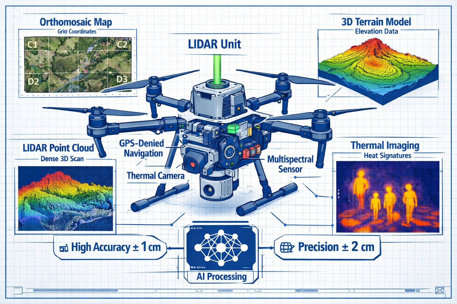 Landscape format (1536x1024) technical diagram showcasing advanced drone sensor technology and data output capabilities for 2026 surveying a