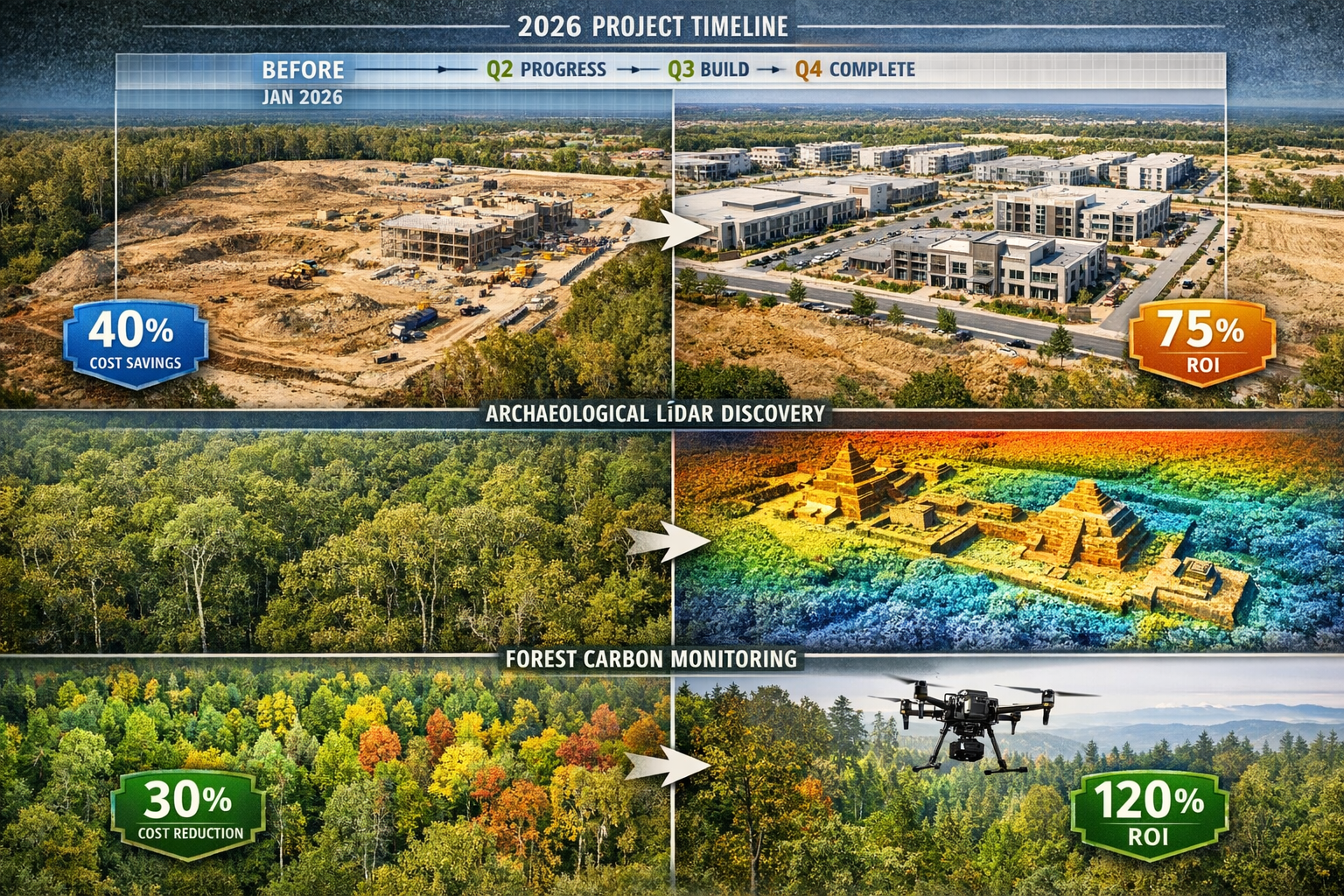 Landscape format (1536x1024) real-world case study montage showing diverse drone surveying applications across multiple industries in 2026.