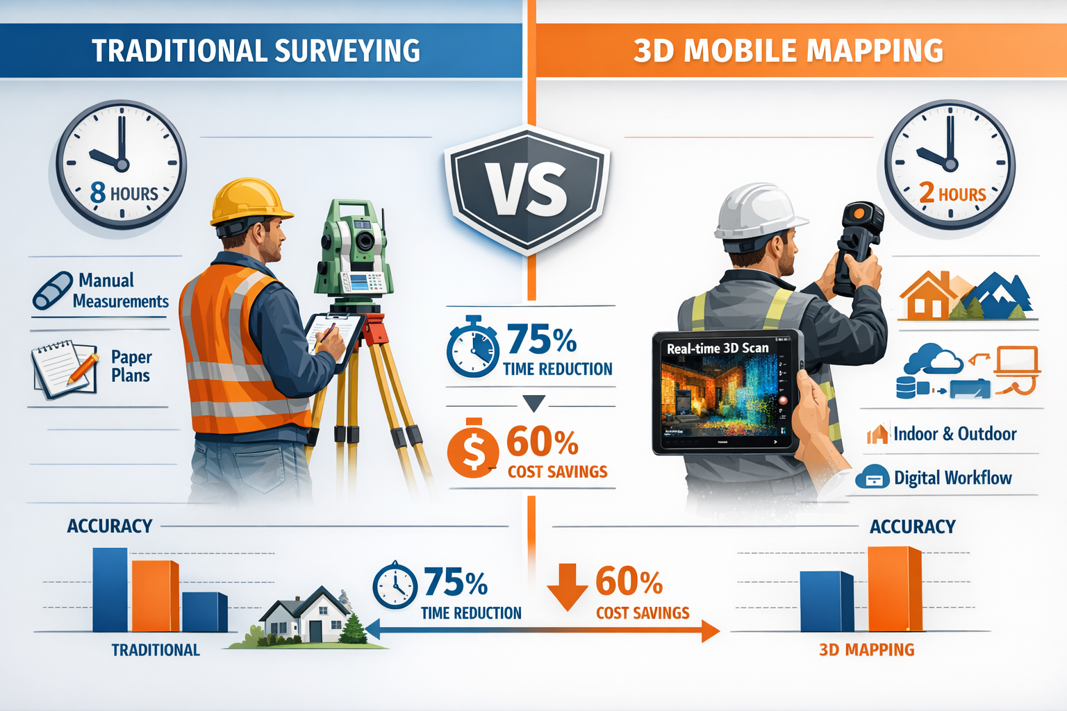 Landscape format (1536x1024) detailed comparison infographic showing traditional surveying methods versus modern mobile 3D mapping technolog