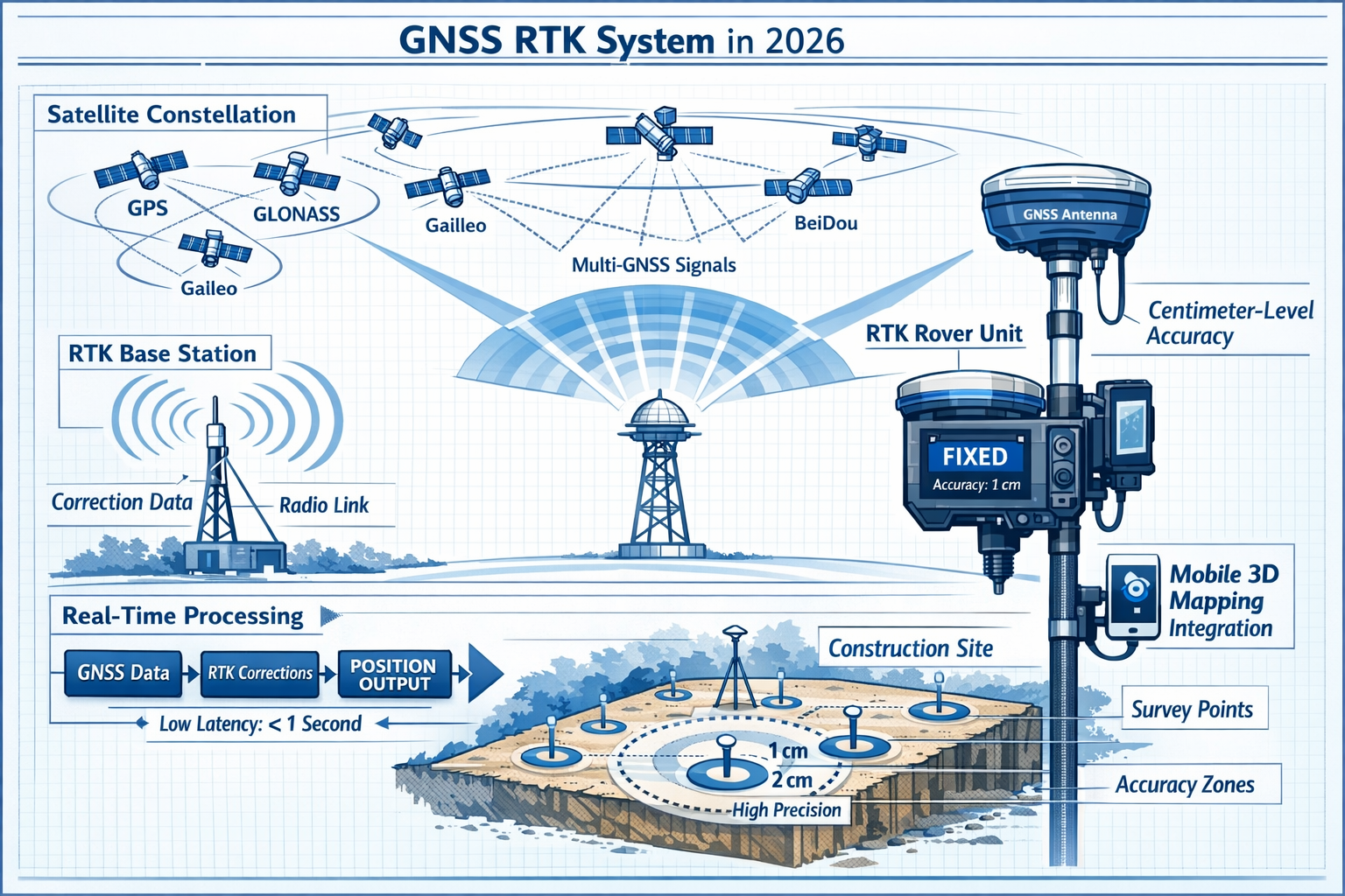 Landscape format (1536x1024) technical illustration showcasing GNSS RTK system components and workflow in 2026. Central focus on RTK rover u