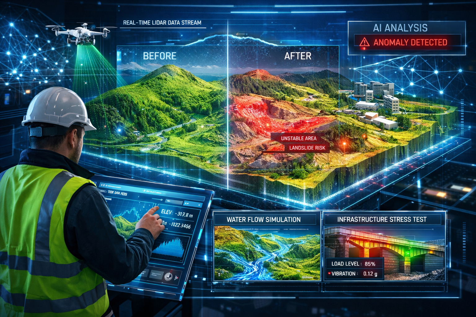 Landscape format (1536x1024) futuristic visualization of real-time digital twin technology in land surveying. Large interactive 3D terrain m