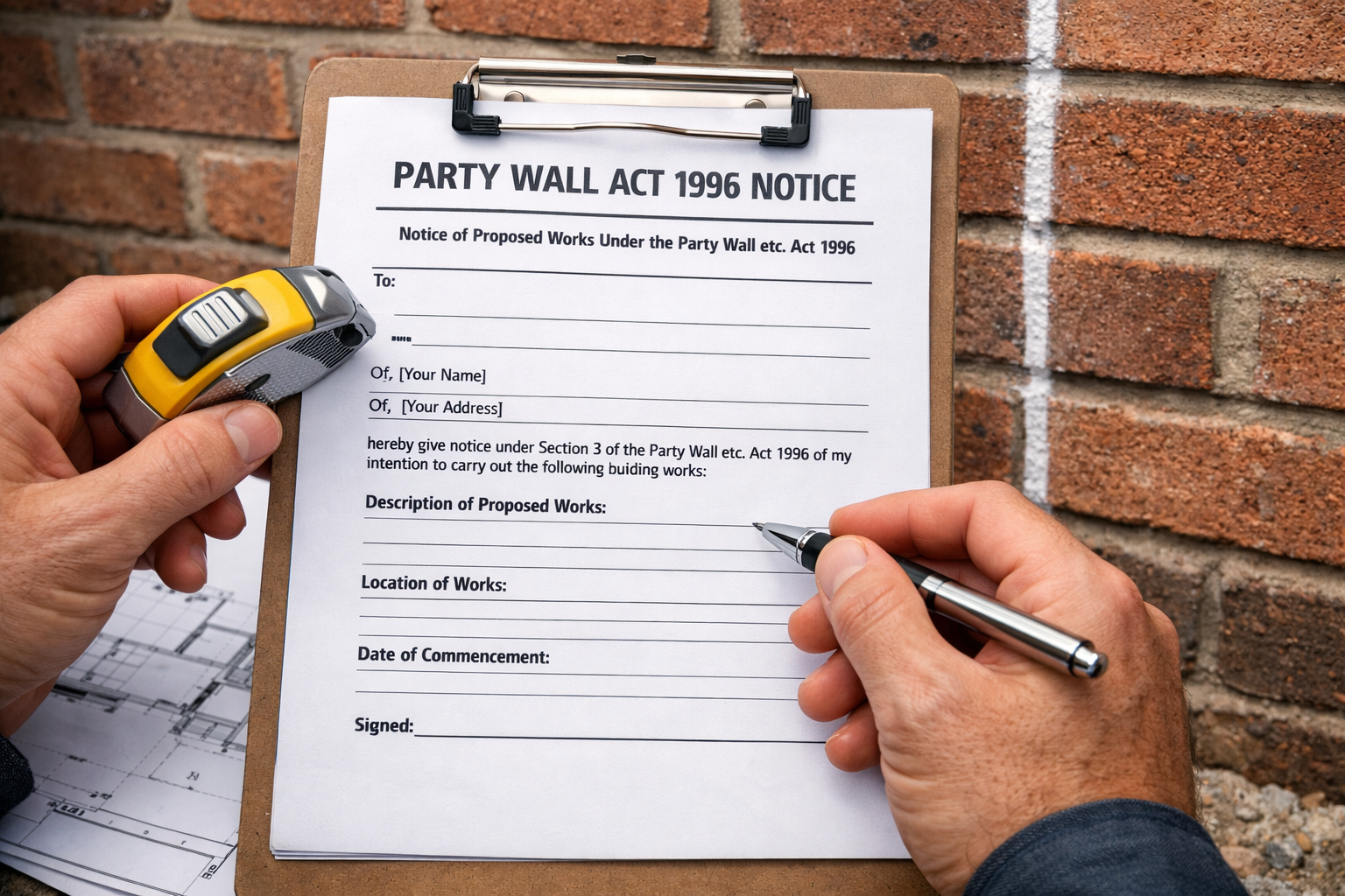 Detailed () image showing close-up of official Party Wall Act 1996 notice document on clipboard with surveyor's hands