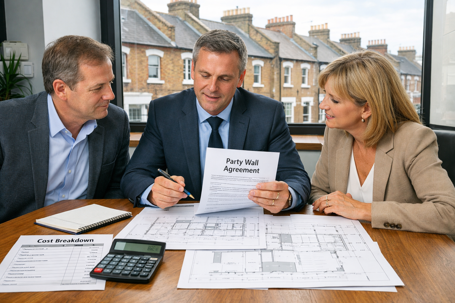 () image showing professional meeting scene with building owner and adjoining owner sitting at table with chartered surveyor