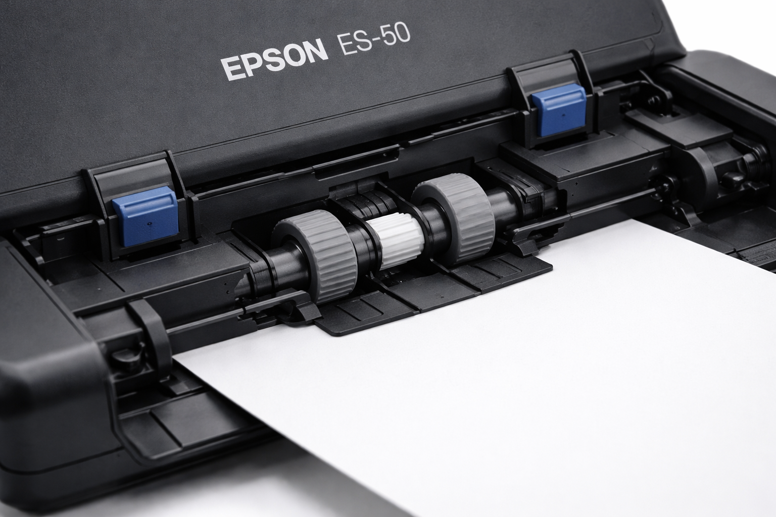 close-up view of Epson ES-50 scanner feeding mechanism and paper guides