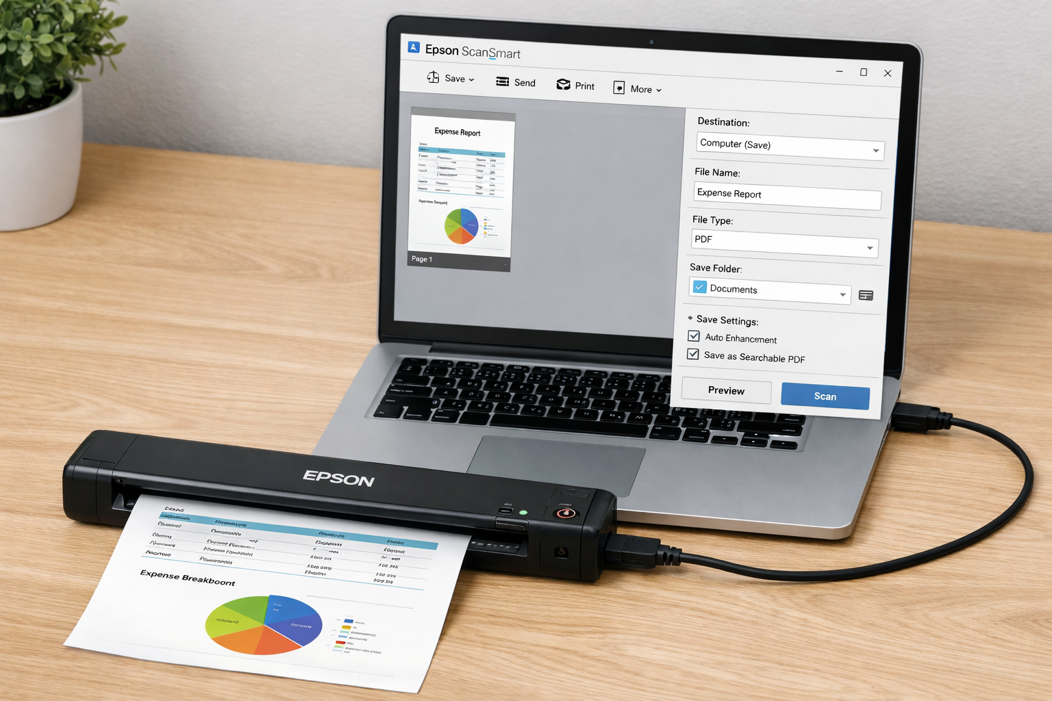 Epson ES-50 connected to laptop via USB showing scanning software interface