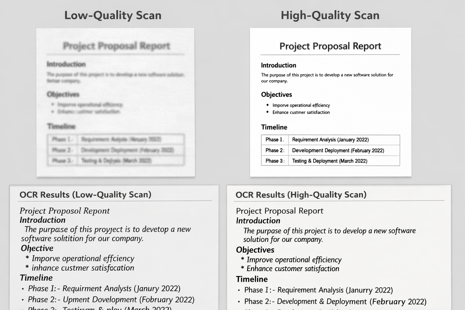comparison of scanned documents showing quality and OCR text recognition results