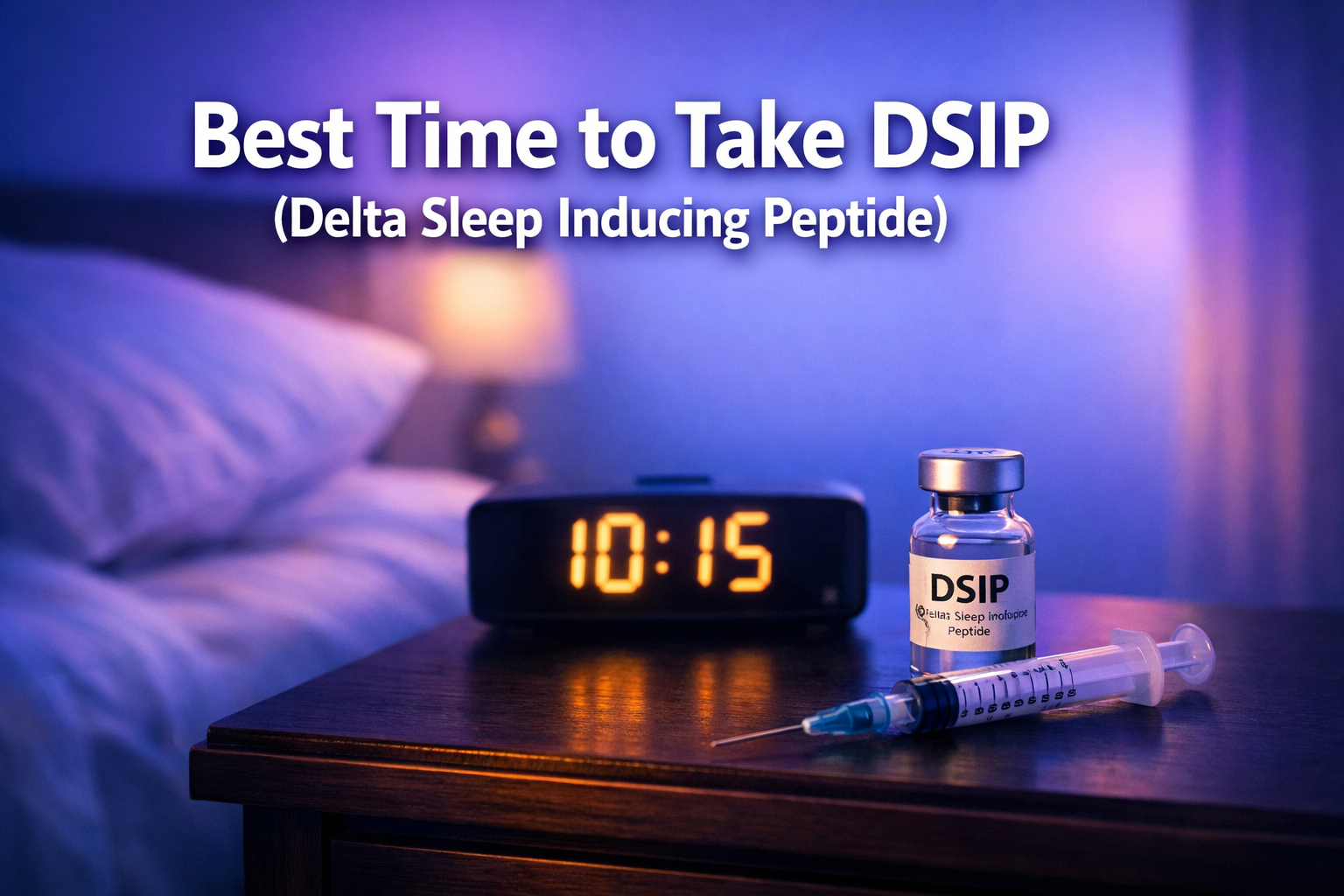 Professional landscape format (1536x1024) hero image with bold text overlay 'Best Time to Take DSIP (Delta Sleep Inducing Peptide)' in 70pt 