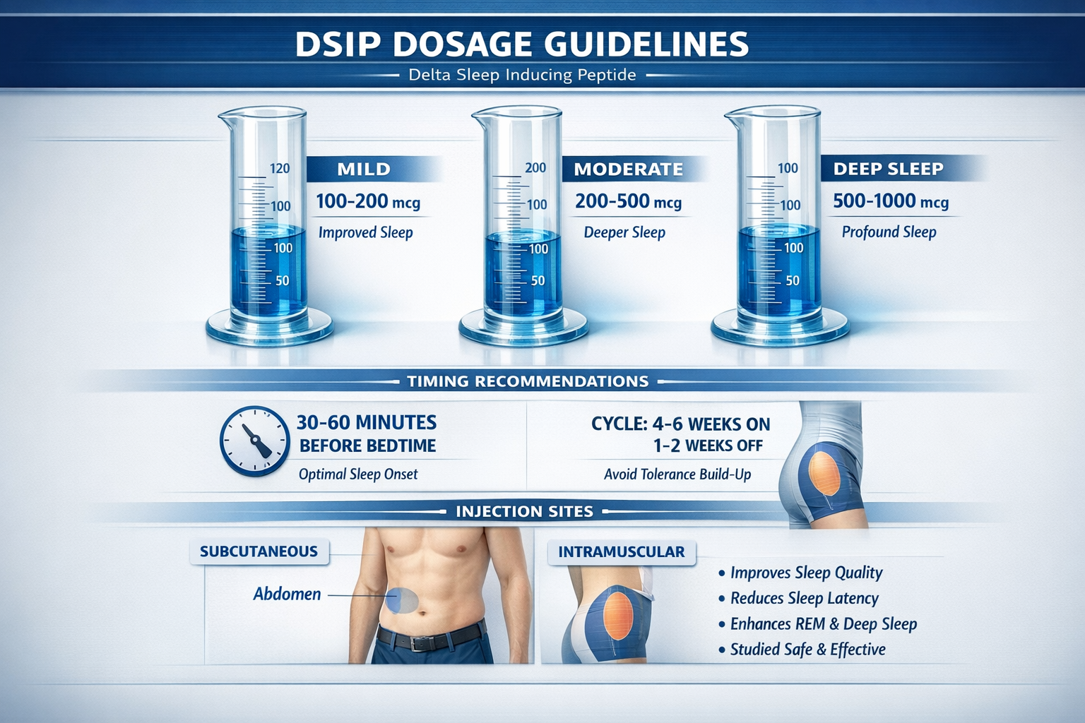 Detailed landscape format (1536x1024) visual guide showing DSIP dosage protocols with graduated cylinders displaying different mcg amounts (