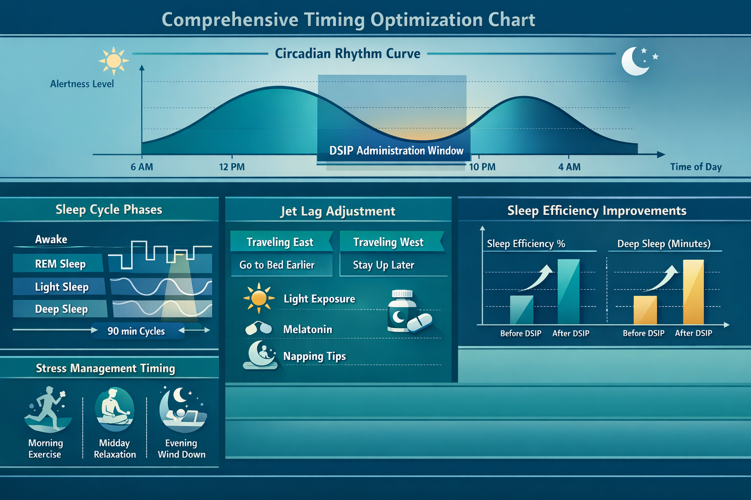 Landscape format (1536x1024) comprehensive timing optimization chart showing circadian rhythm curve, DSIP administration window highlighted,
