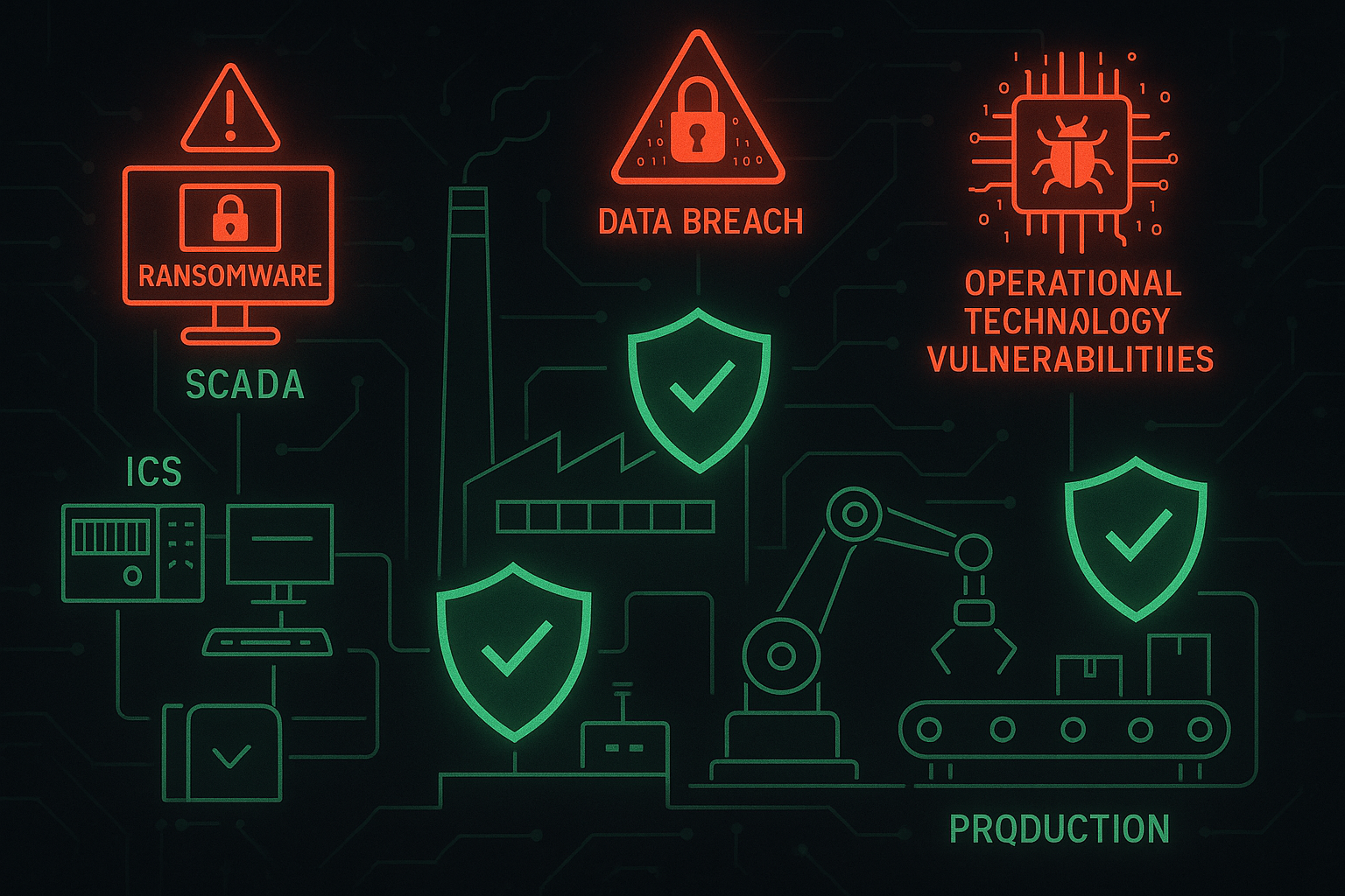 Conceptual illustration of cybersecurity threats targeting manufacturing facilities, showing industrial control systems, SCADA networks, and