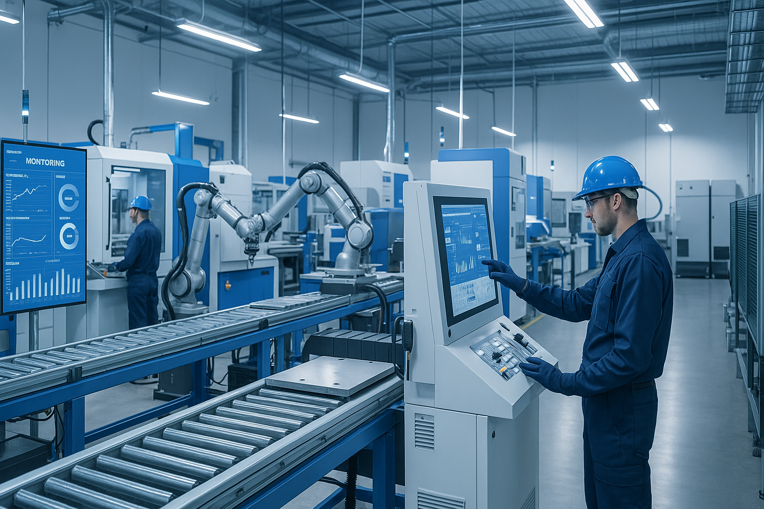 Professional photograph of manufacturing facility showcasing modern industrial equipment, automated production lines, robotic systems, and d