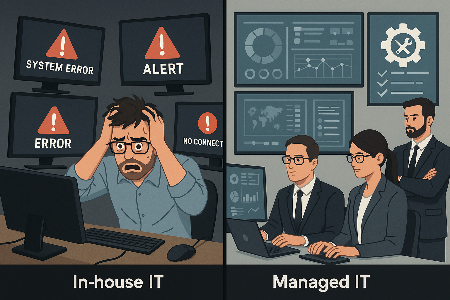 Split-screen comparison image showing chaotic, overwhelmed in-house IT scenario on left versus organized, professional managed IT operations
