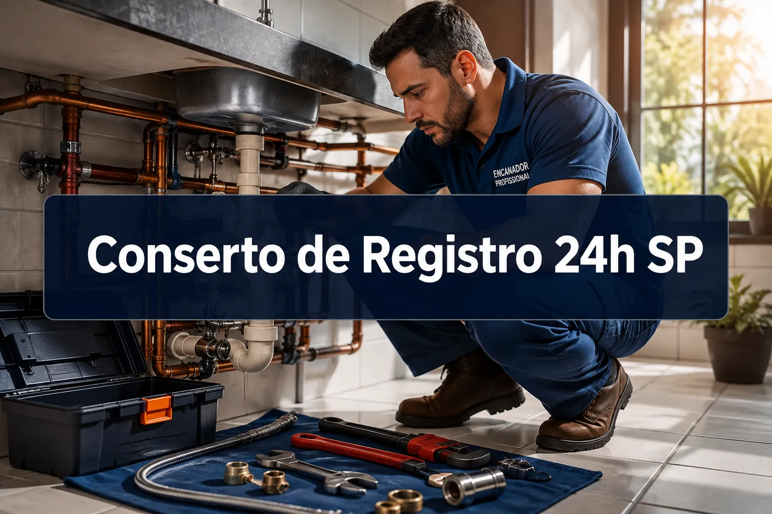 Professional () hero image with (≤42 chars): 'Conserto de Registro 24h SP', white on a deep navy semi-transparent panel,
