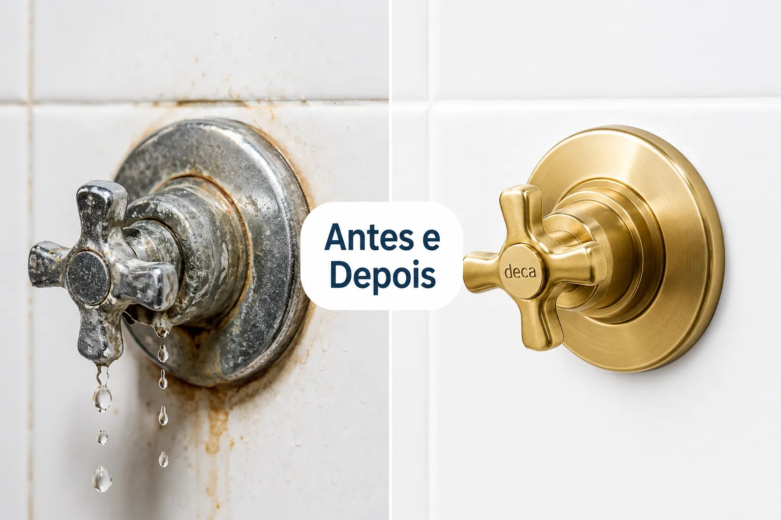 Editorial () split-screen photograph: left half shows a close-up of a dripping water valve register with mineral deposits