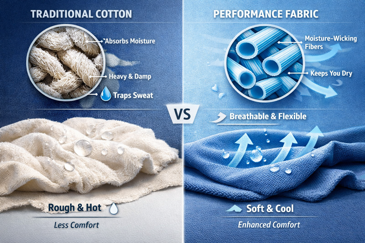 Landscape format (1536x1024) image showing close-up fabric technology visualization with moisture-wicking fibers, stretch material demonstra