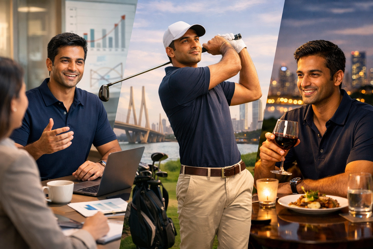 Landscape format (1536x1024) lifestyle montage showing modern Indian professional man seamlessly transitioning through his day - morning off