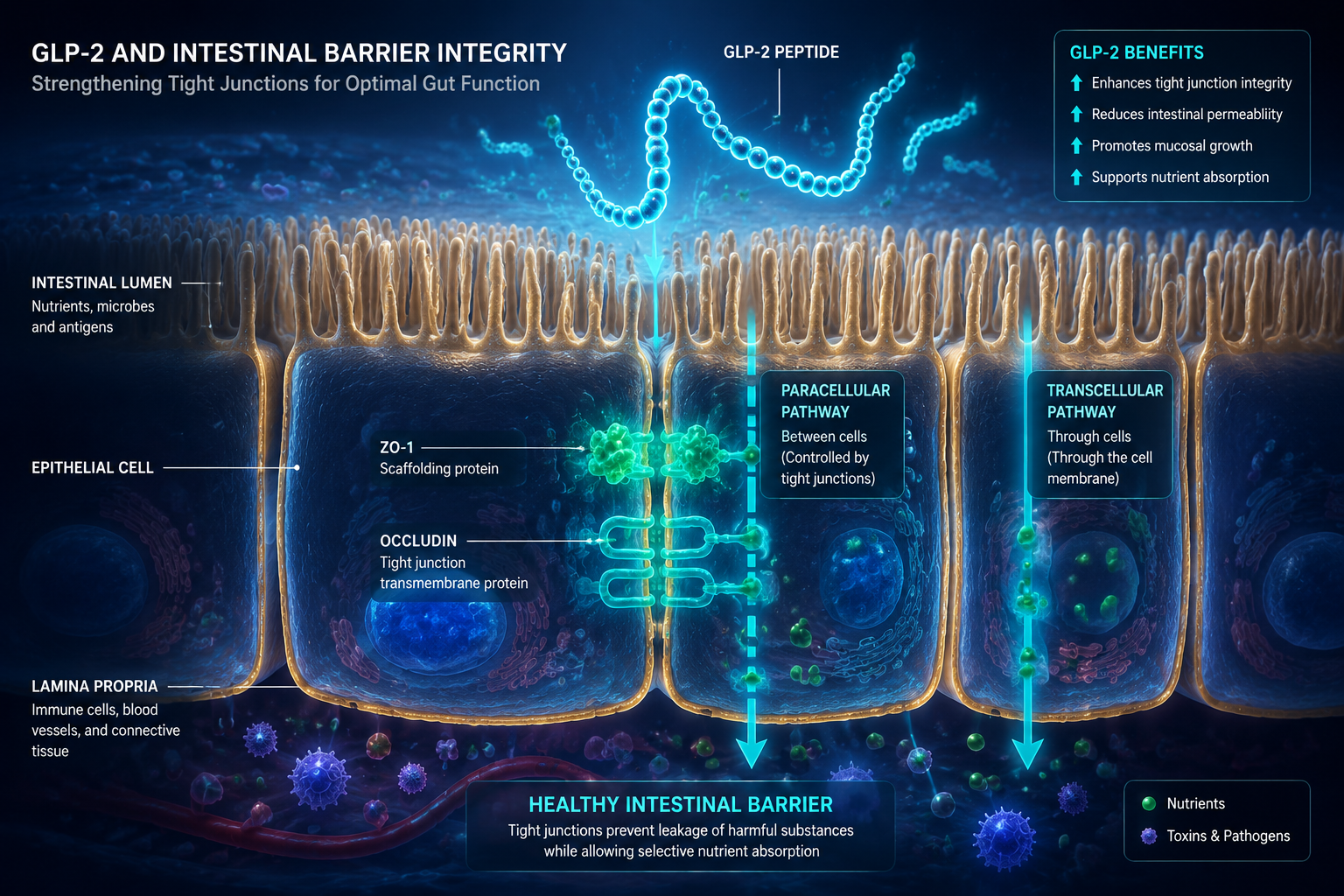 Detailed () scientific illustration showing a magnified intestinal epithelial barrier with tight junction proteins ZO-1 and
