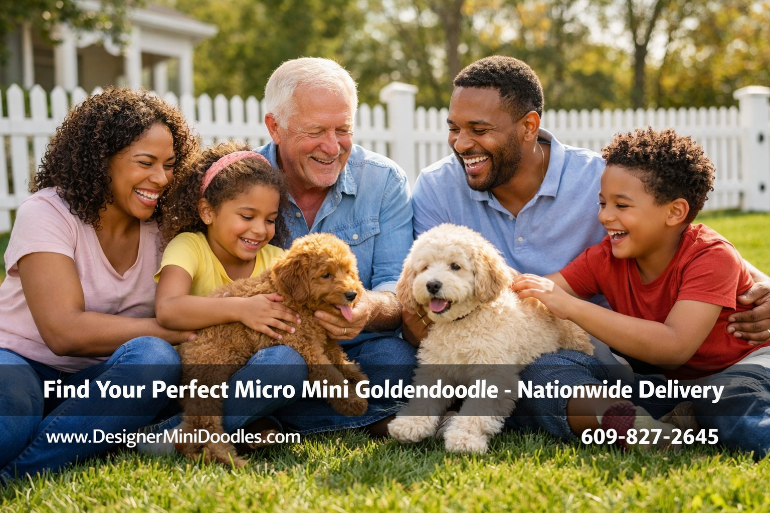 () showing a happy diverse American family (parents, two children, grandparent) sitting on a suburban home lawn, laughing