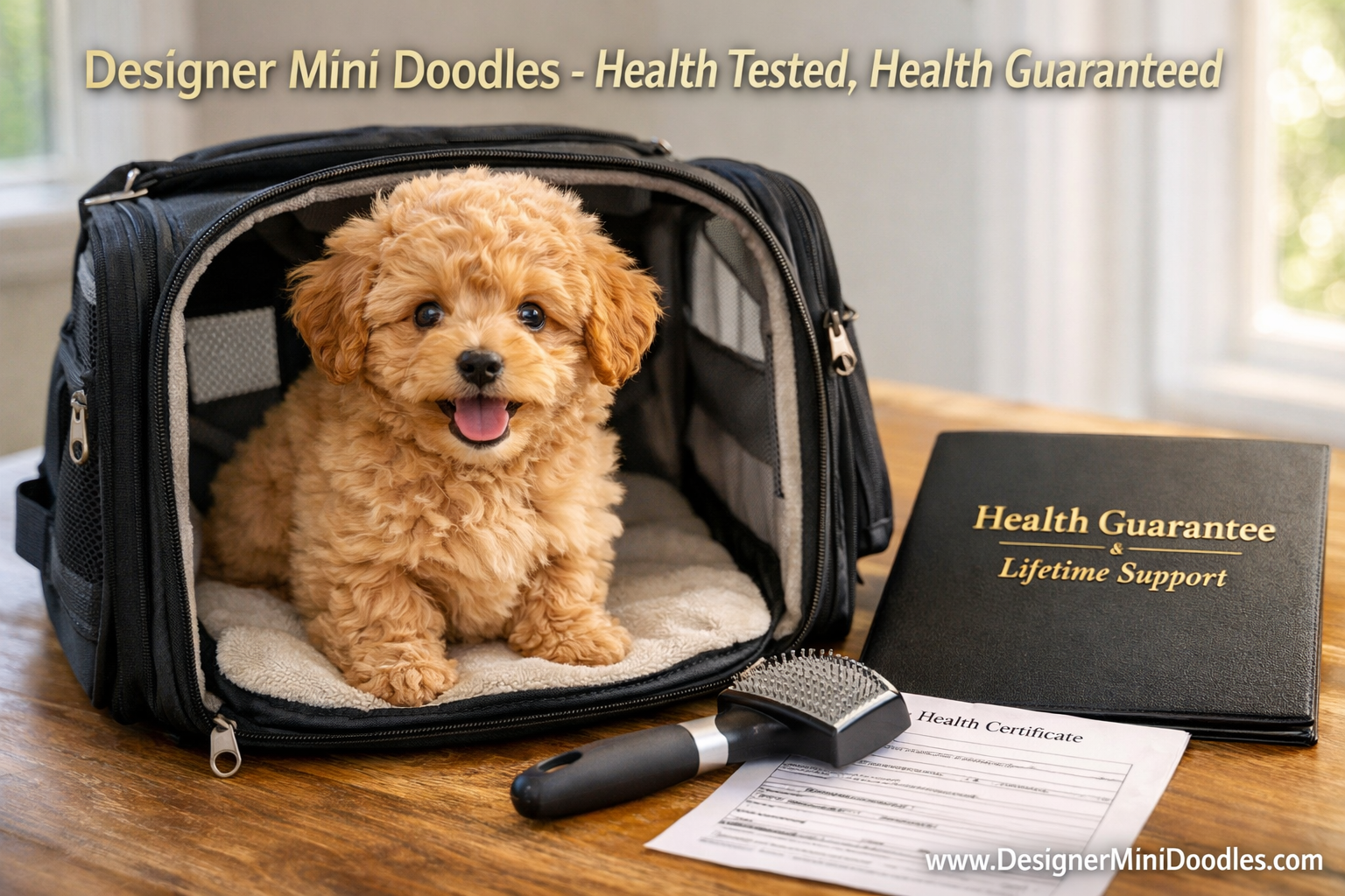 () showing a close-up of a fluffy apricot micro mini goldendoodle puppy sitting inside an open airline-approved travel