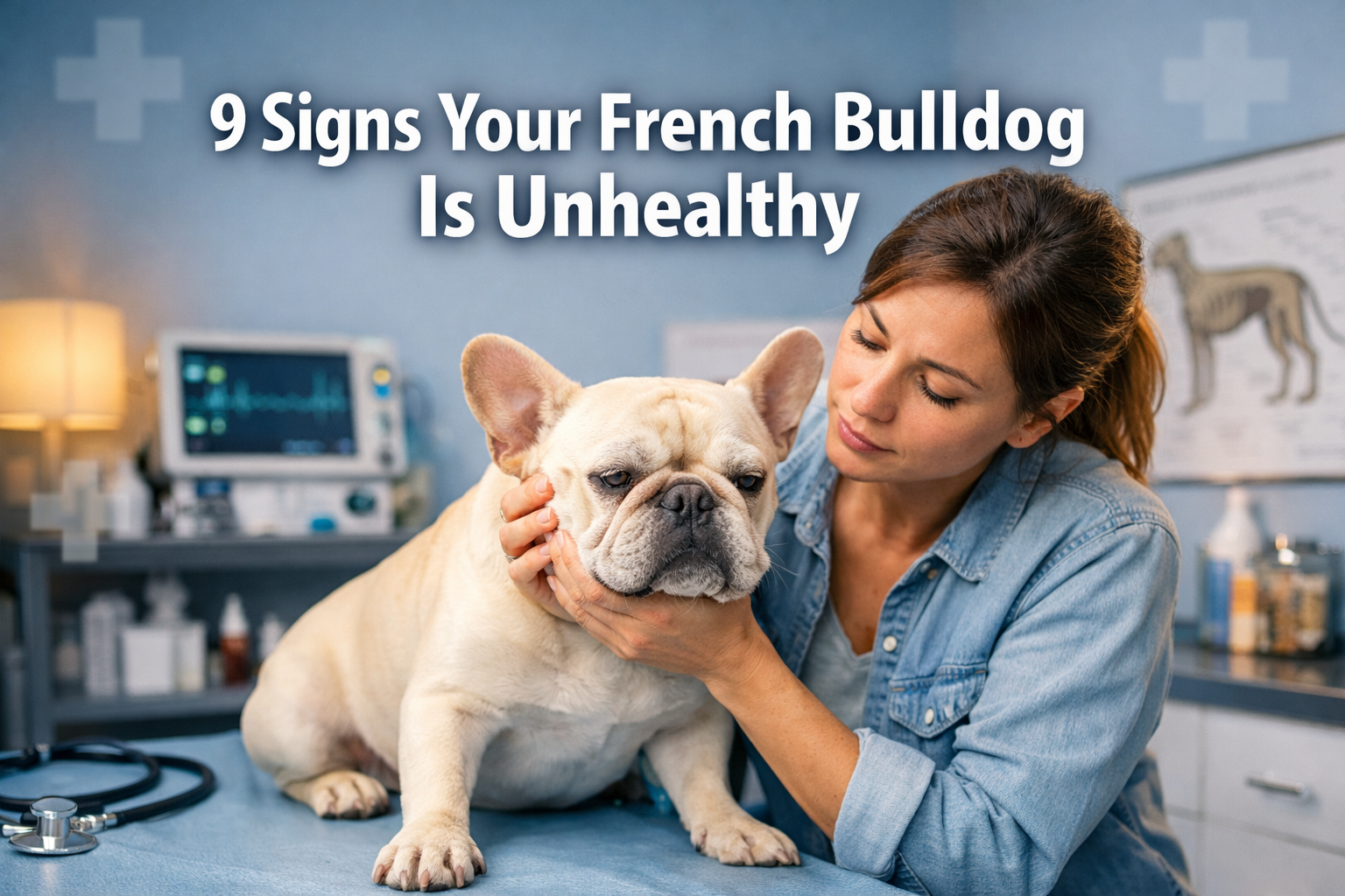 Professional landscape format (1536x1024) hero image featuring bold text overlay '9 Signs Your French Bulldog Is Unhealthy' in extra large 7