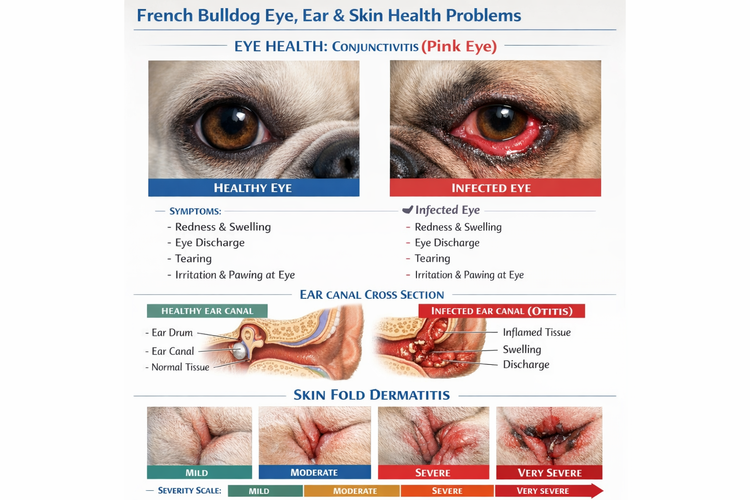Portrait format (1024x1536) detailed infographic showing French Bulldog eye, ear, and skin health problems. Top section displays close-up of