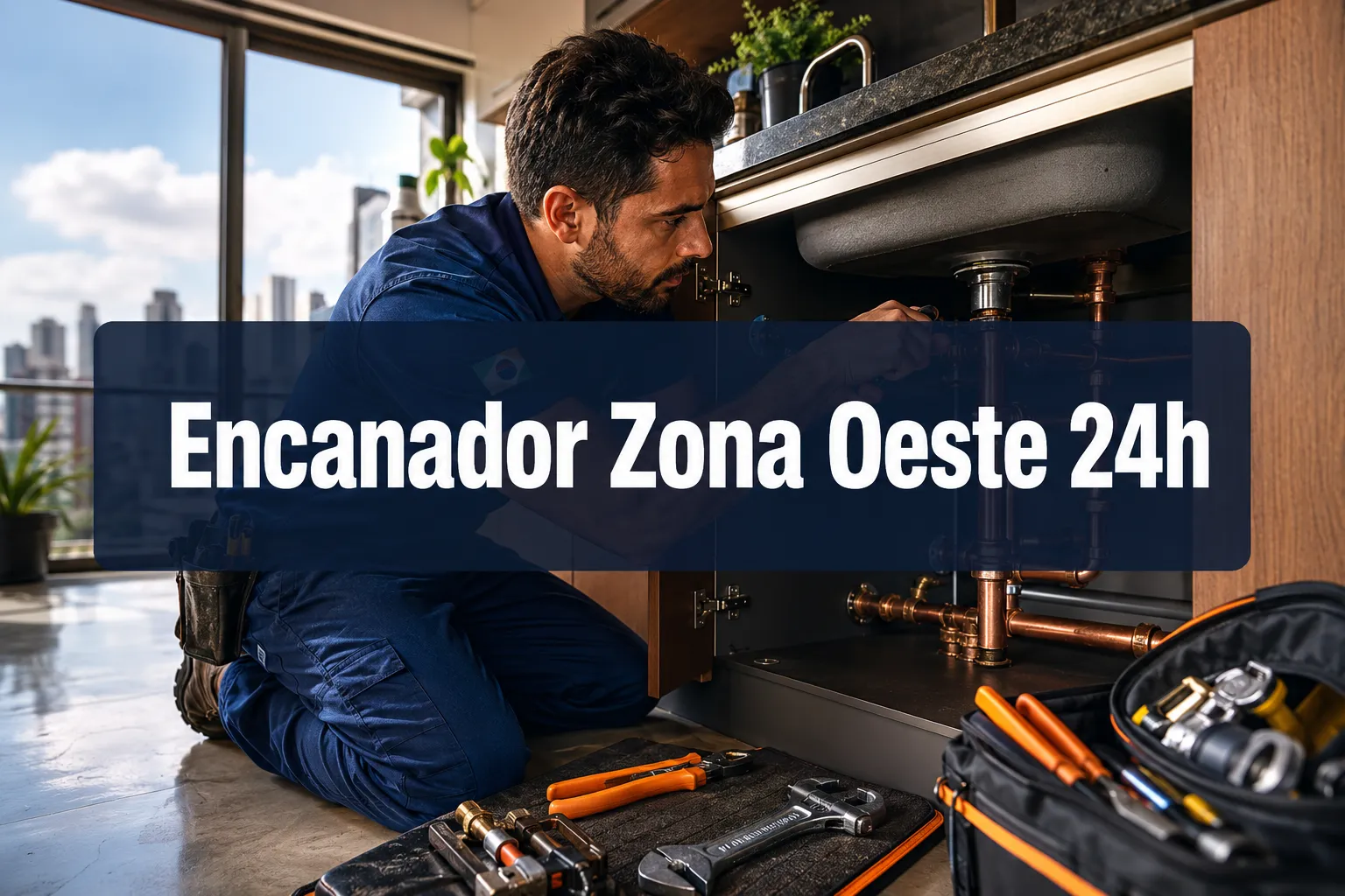 Professional () hero image with centered (≤42 chars): 'Encanador Zona Oeste 24h', crisp white on a deep navy