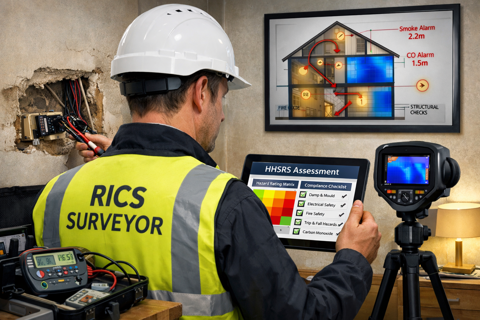 () scene showing RICS surveyor conducting comprehensive property inspection in residential property. Foreground shows