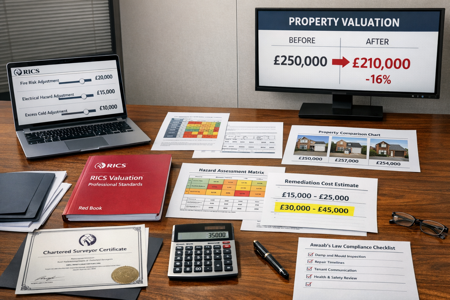 () professional office setting showing property valuation adjustment meeting. Central focus on large desk with multiple