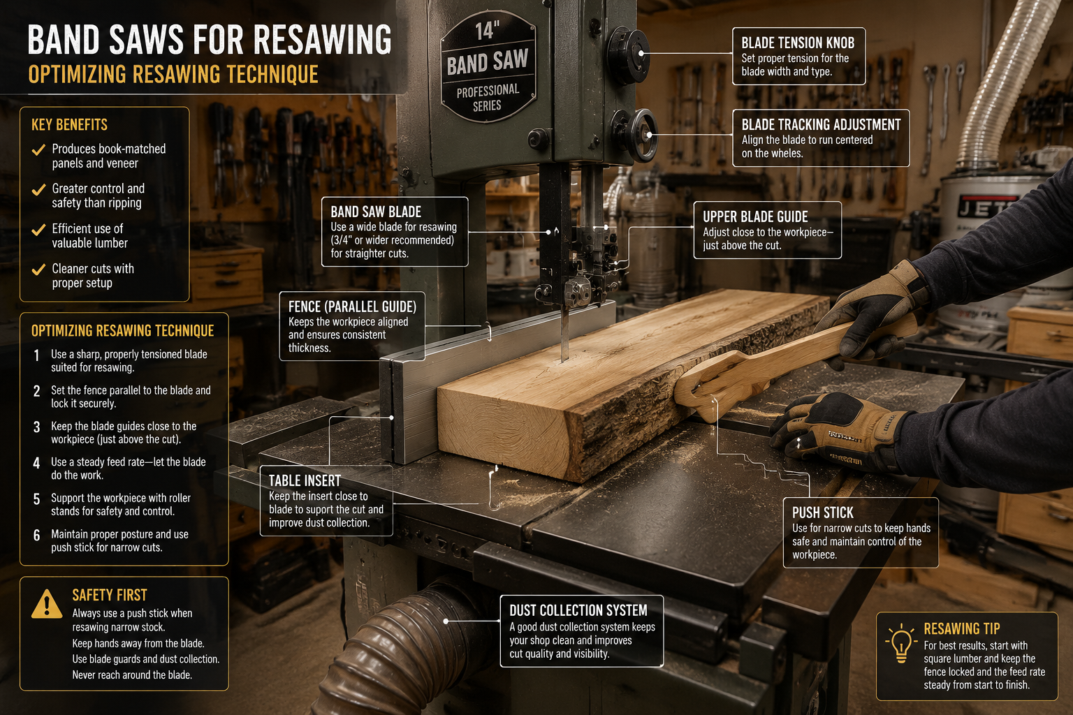A detailed, wide-angle landscape shot () of a well-maintained band saw, focusing on the blade and guide system set up for