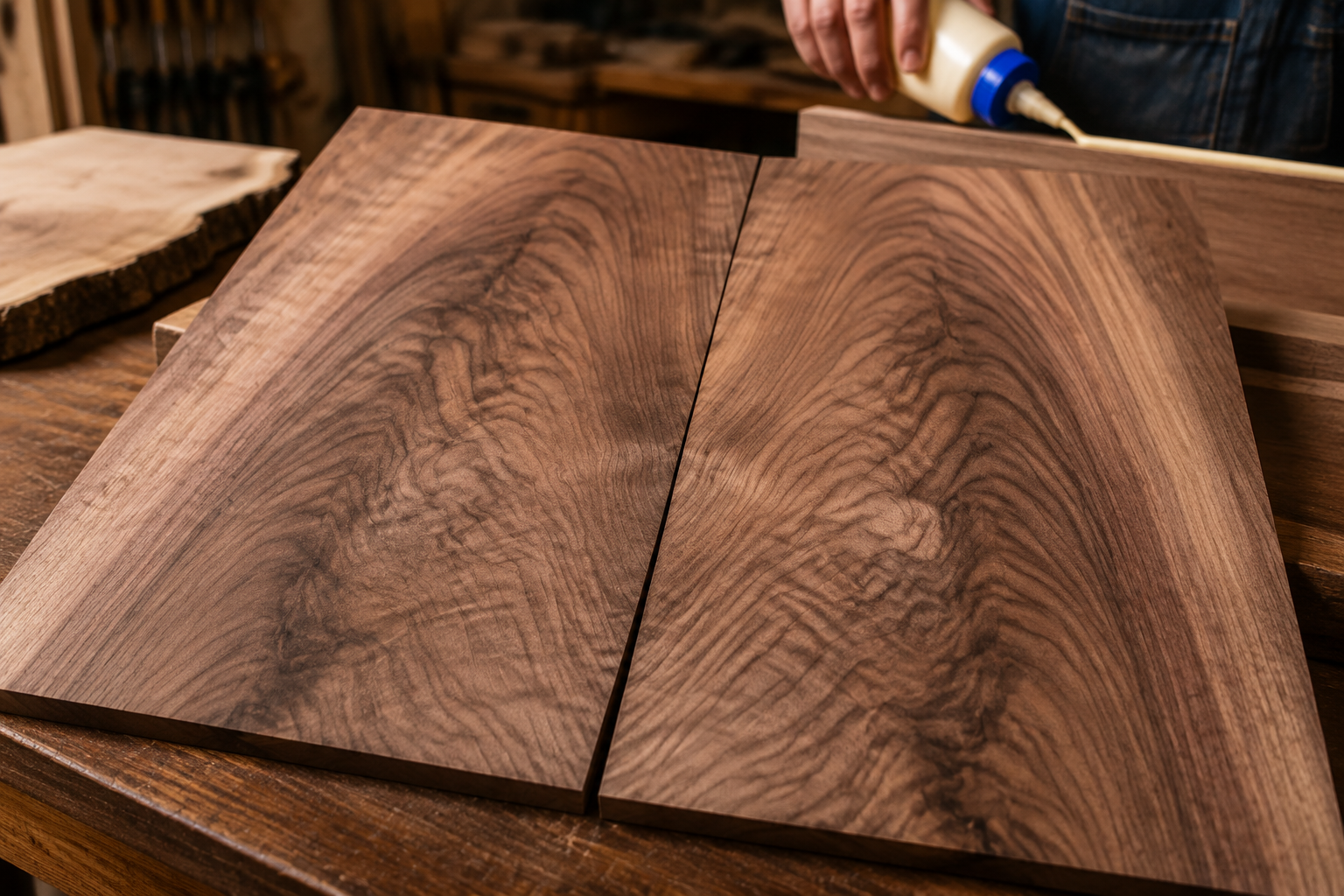 A close-up, dynamic landscape shot () showcasing the stunning grain patterns of two freshly resawn, book-matched walnut