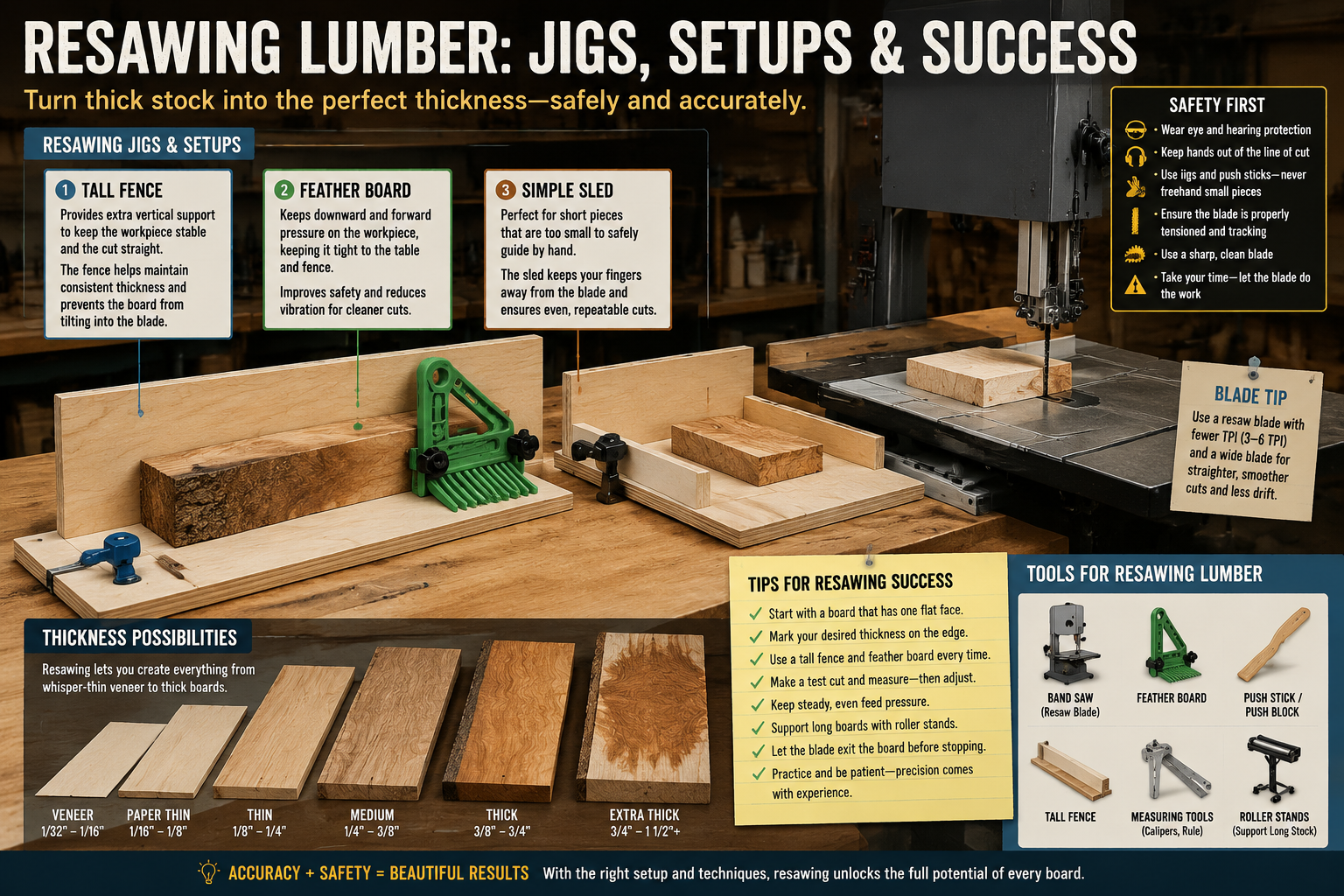 An illustrative landscape image () demonstrating various resawing jigs and setups on a workbench next to a band saw. The