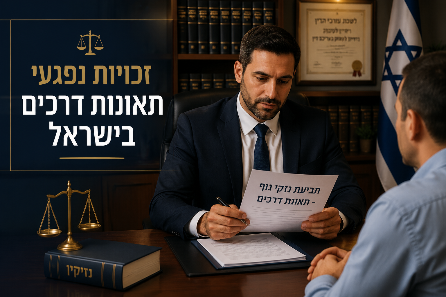 () legal consultation scene: Israeli lawyer in professional office reviewing documents labeled 'תביעת נזקי גוף - תאונת