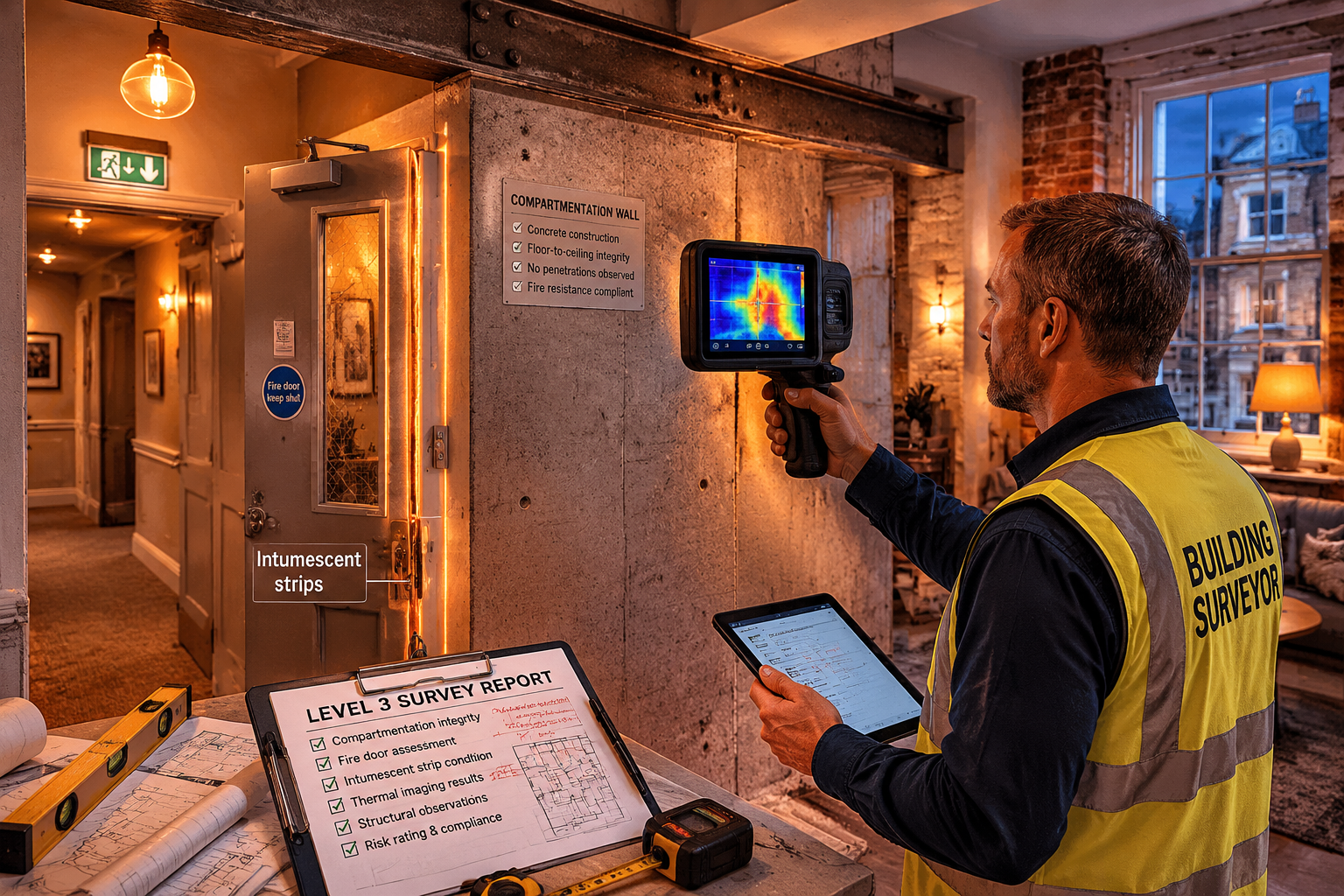 Wide-angle interior shot of a building surveyor in professional attire examining a concrete floor-to-ceiling