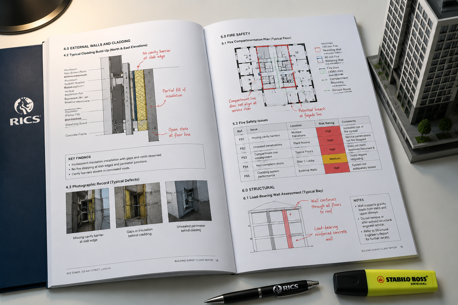 Close-up overhead flat-lay of a professional building survey client report spread open on a desk, showing annotated diagrams