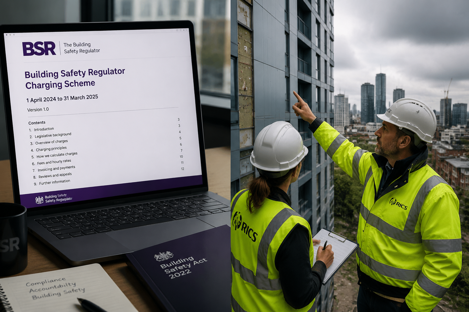 Split-scene landscape image: left half shows a building safety regulator charging scheme document on a laptop screen with