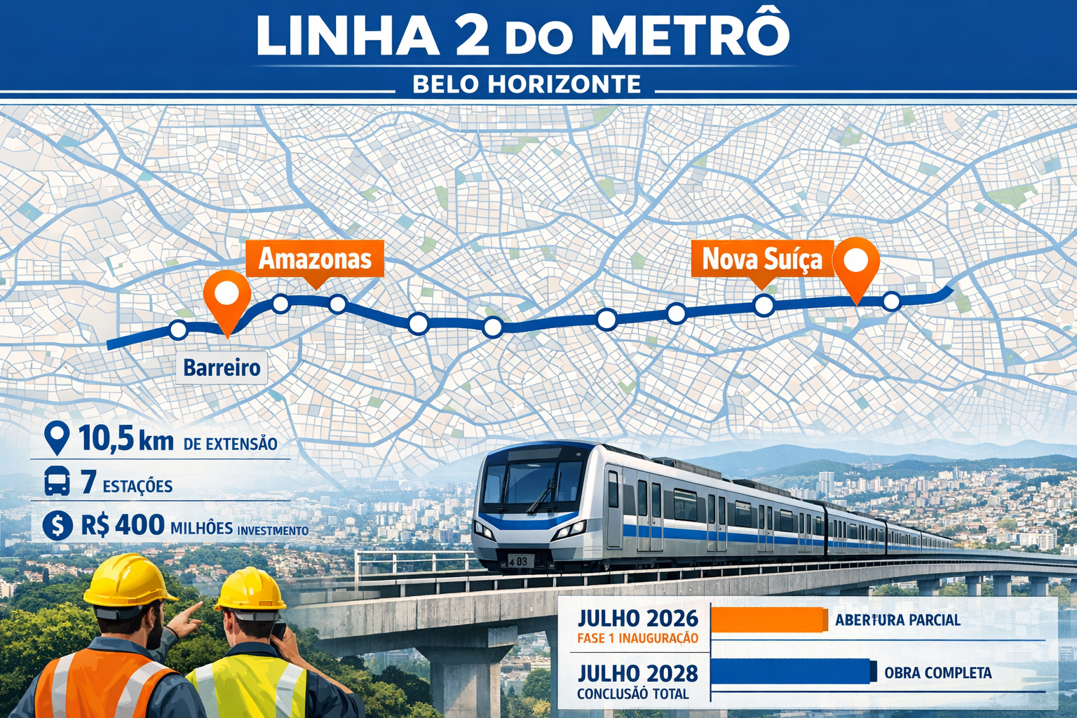 Detailed () editorial infographic showing Linha 2 metro route map on Belo Horizonte street grid, highlighting Nova Suíça and