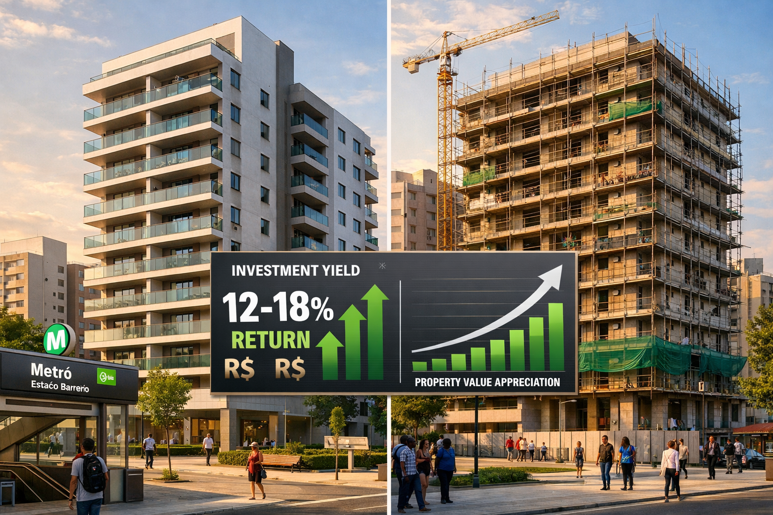 Detailed () showing side-by-side comparison of mid-tier condominium building renders in Barreiro neighborhood, construction