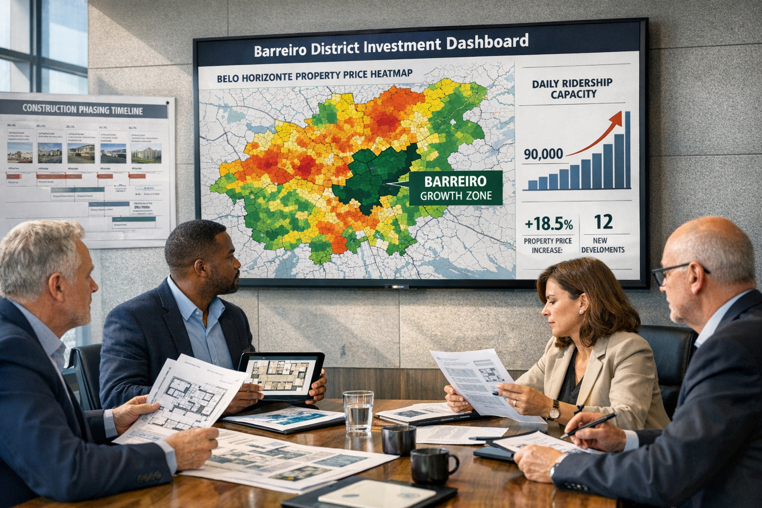 Detailed () showing a Brazilian real estate developer meeting room scene with large wall-mounted screen displaying Barreiro