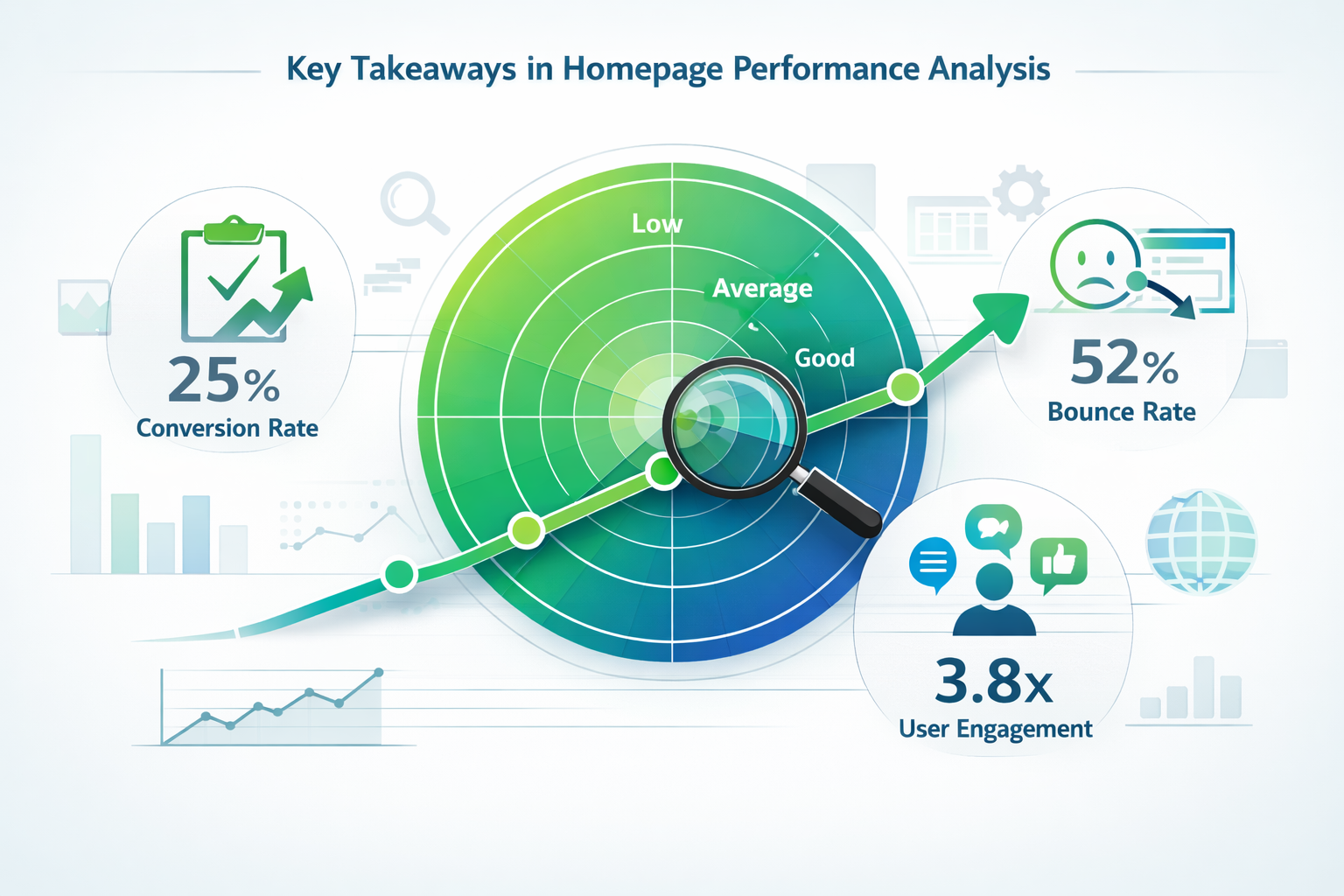 Infographic-style visualization representing 'Key Takeaways' in homepage performance analysis, featuring a central dashboard with interconne