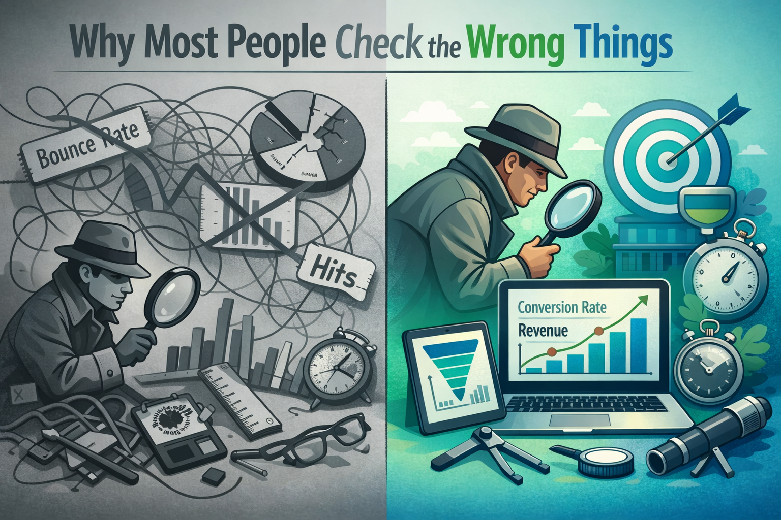 Conceptual illustration depicting 'Why Most People Check the Wrong Things' in website analytics, showing split-screen comparison: left side
