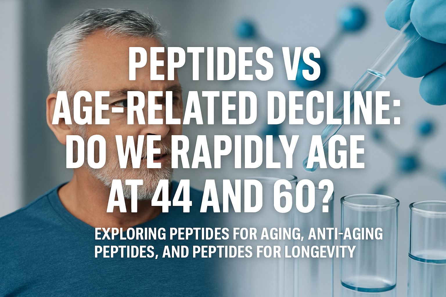 Professional landscape hero image (1536x1024) with bold text overlay: "Peptides vs Age-Related Decline: Do We Rapidly Age at 44 and 60? Expl