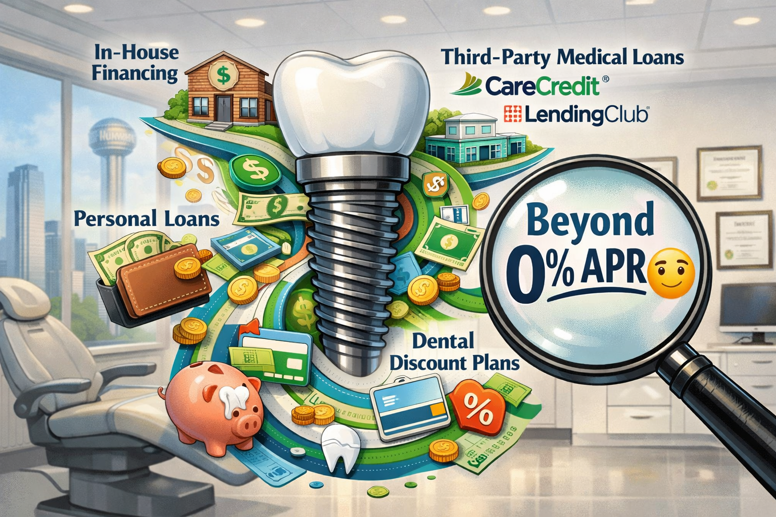 A detailed illustration showing a diverse range of payment options cascading from a stylized dental implant, featuring small