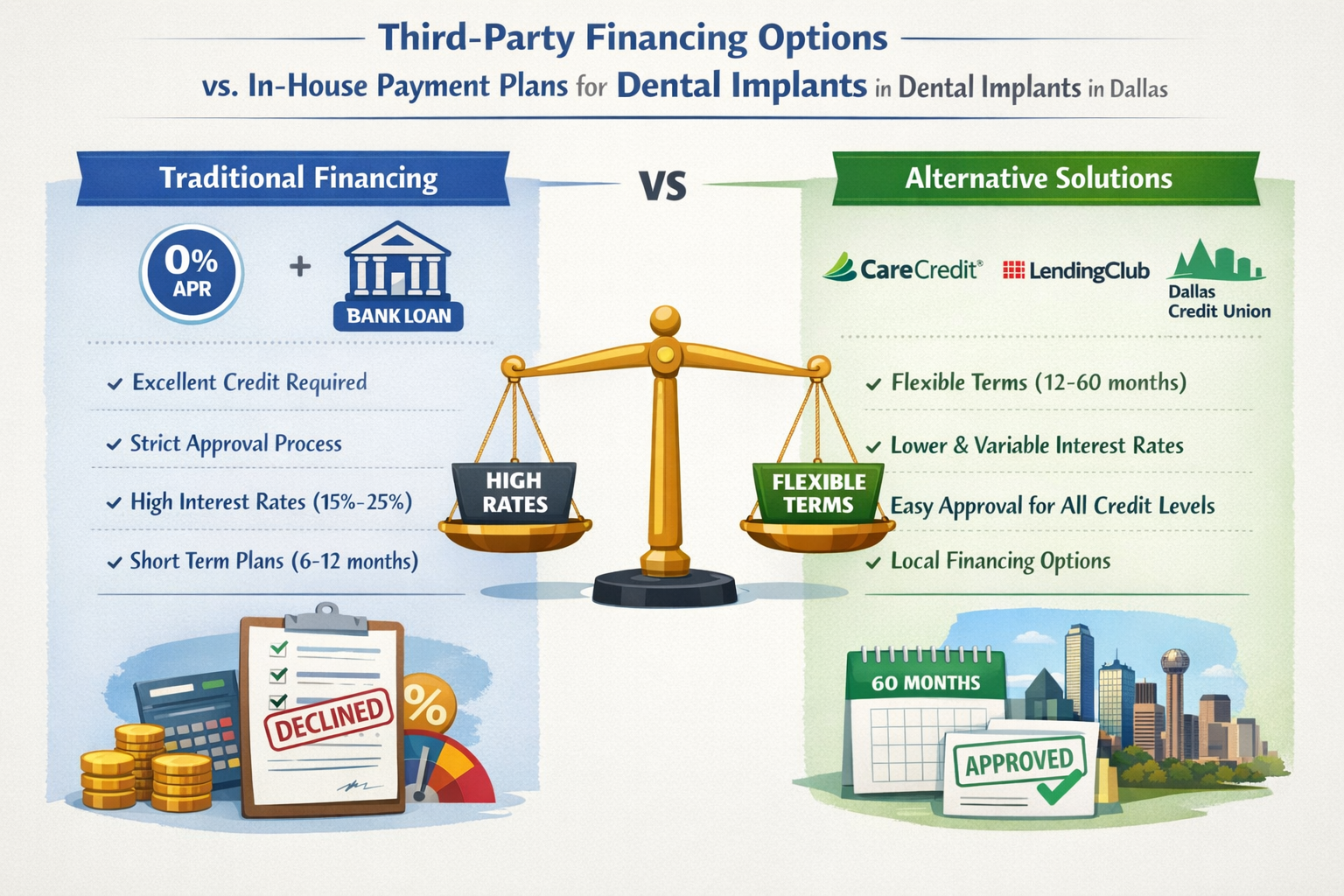 An infographic comparing various third-party financing solutions and in-house payment plans for dental implants in Dallas.