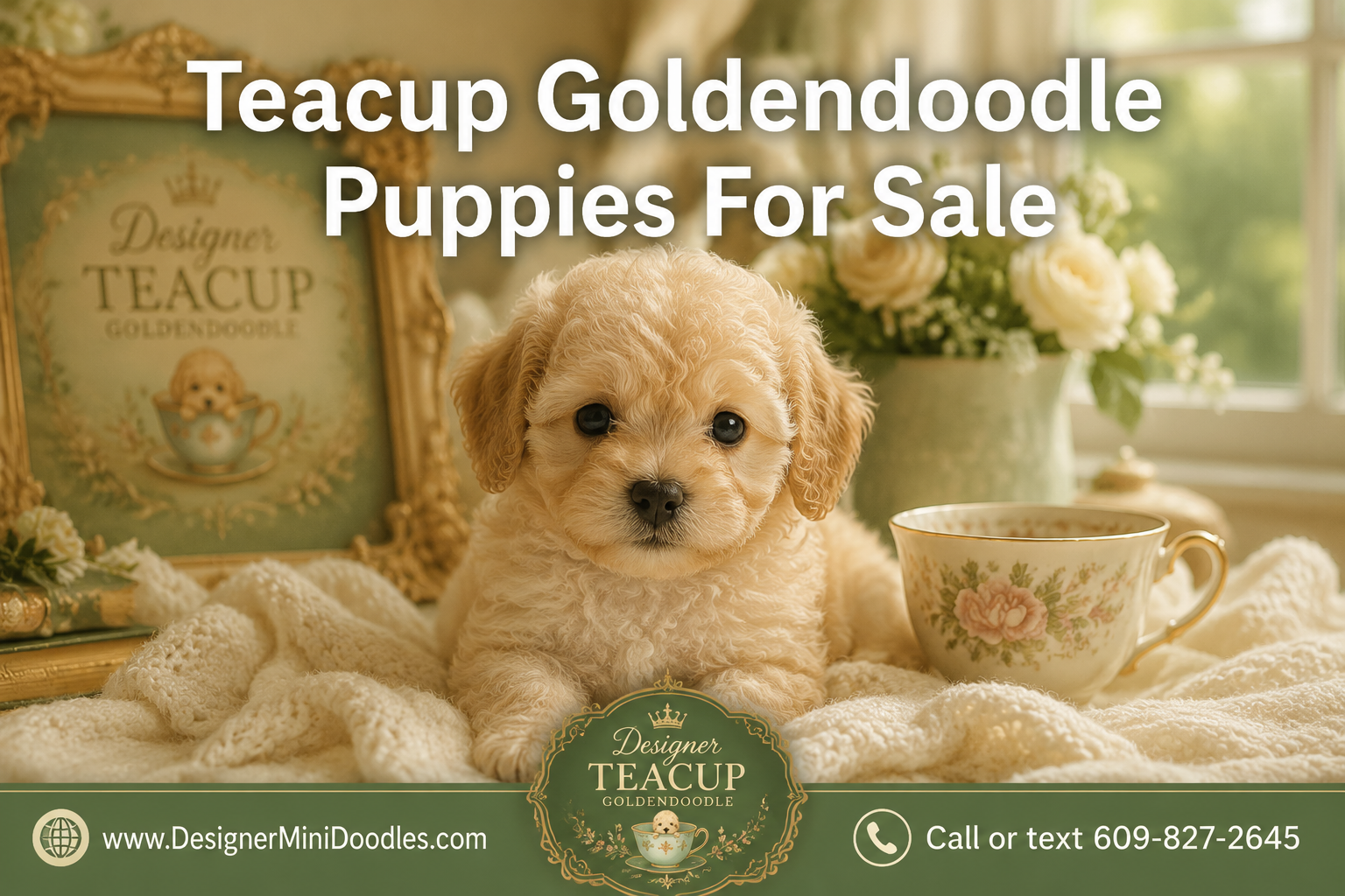 Professional () hero image featuring 'Teacup Goldendoodle Puppies For Sale' in white with subtle dark , centered in upper
