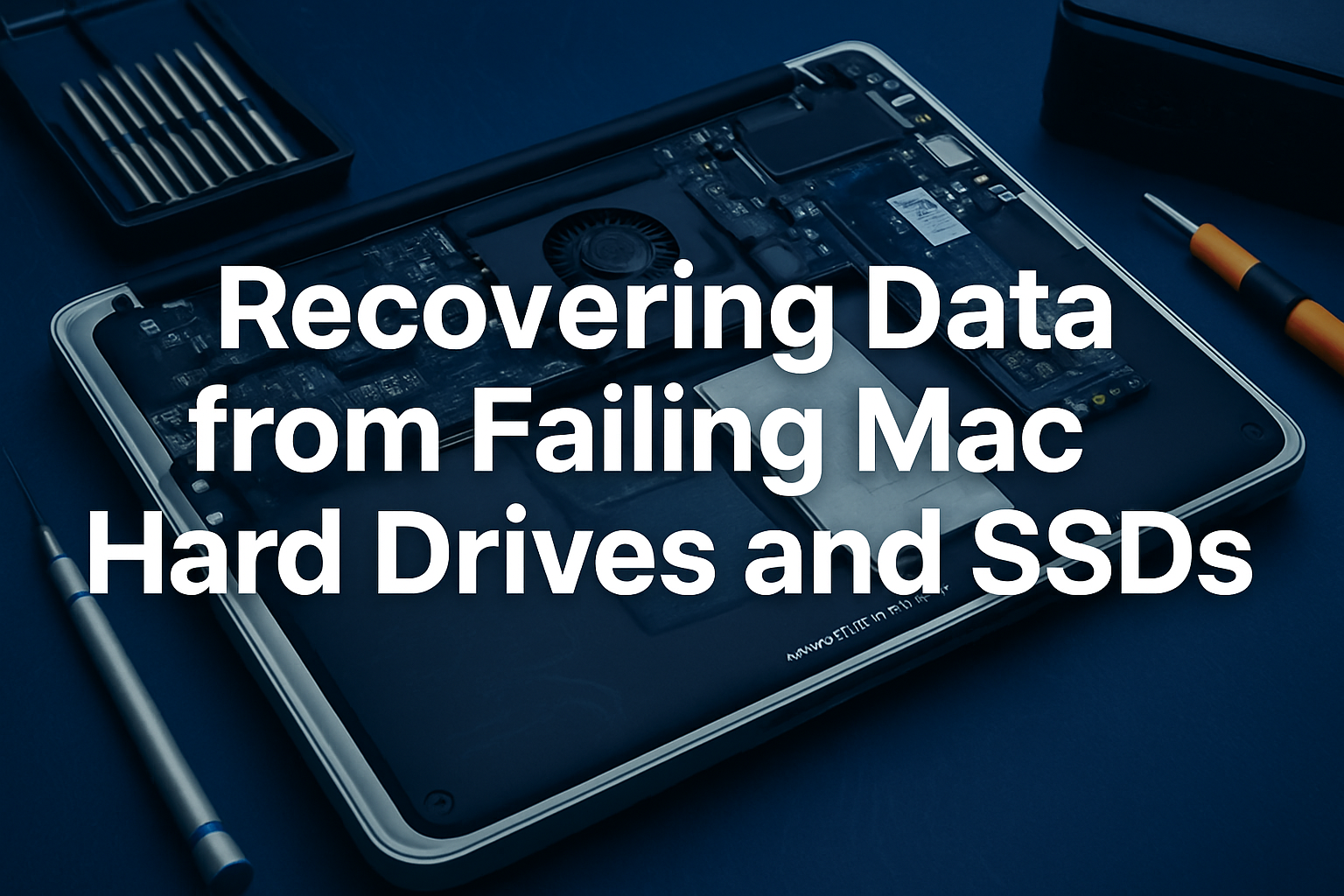 Professional landscape hero image (1536x1024) with bold text overlay 'Recovering Data from Failing Mac Hard Drives and SSDs' in 72pt white s